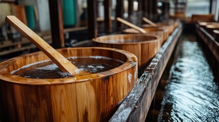 木樽で醤油を醸造する伝統的な日本の工程