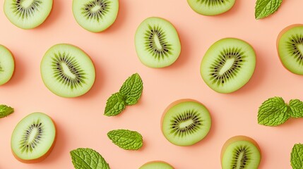 Fototapeta premium Kiwi slice fruit and fresh mint leaves natural organic arranged pattern seamless diagonal layout