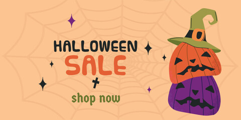 Halloween horizontal sale shop now banner with spider web pumpkins and witch hat on orange background