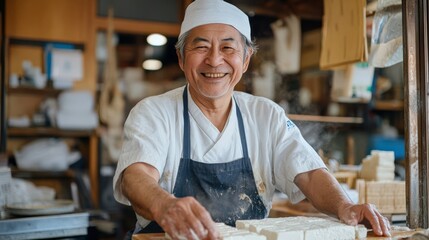 伝統的な工房で働く日本の豆腐職人