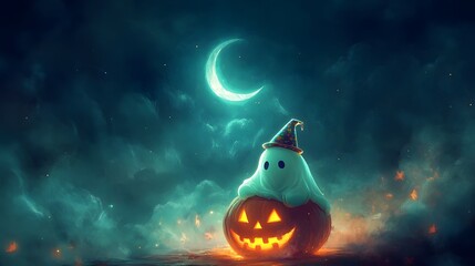 A pastel green ghost wearing a party hat sitting on a glowing pumpkin under a crescent moon