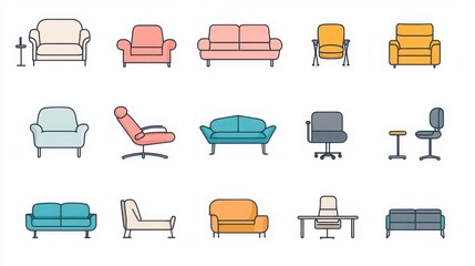 Sofa and Seating thin line icon set. Such as ottoman, three-seater sofa, armchair, recliner, dining chair, bench, bar stool
