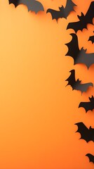 Naklejka premium Happy halloween holiday concept. Halloween decorations, bats, ghosts on orange background