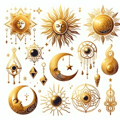 Vector golden set of mystical magic different sun and moon. Spiritual occultism objects, trendy style. Elements template for posters, prints, patterns, illustrations and logos. 