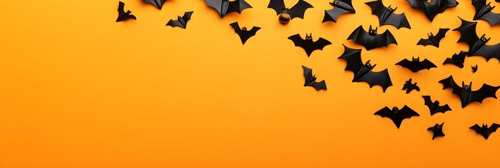 Naklejka premium Happy halloween holiday concept. Halloween decorations, bats, ghosts on orange background