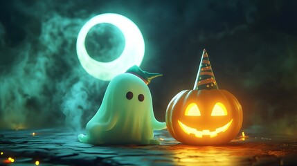 A pastel green ghost wearing a party hat sitting on a glowing pumpkin under a crescent moon