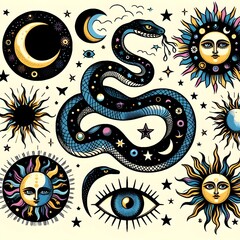Obraz premium Vector snake set of mystical magic objects- moon, eyes, constellations, sun and stars. Spiritual occultism symbols, esoteric objects.