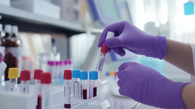 A close-up of a gloved hand handling a blood sample in a laboratory setting, showcasing modern medical testing and research.