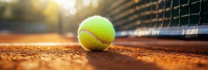 Tennis Ball on Clay Court, vibrant yellow ball on textured red surface, blurred racket and net softly framing the scene