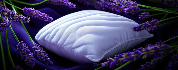 A deep sleep pillow surrounded by lavender sprigs, a soft light casting gentle shadows, the image exudes calmness, deep sleep pillow, lavender relaxation