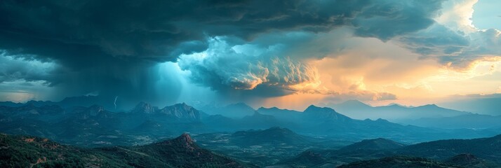 Fototapeta premium Thunderstorm Over Mountains, an intense sky filled with dark clouds, lightning flashes, dramatic contrasts between sharp storm details and soft landscape.