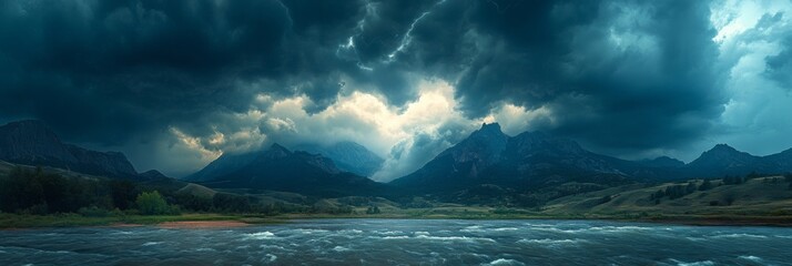 Naklejka premium Thunderstorm Over Mountains, dramatic clouds swirling above rugged peaks, distant landscape softly blurred, capturing the intensity of nature's fury