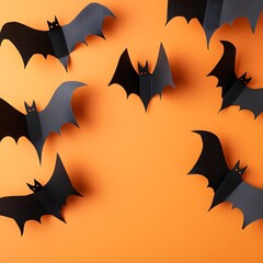 Fototapeta premium Happy halloween holiday concept. Halloween decorations, bats, ghosts on orange background