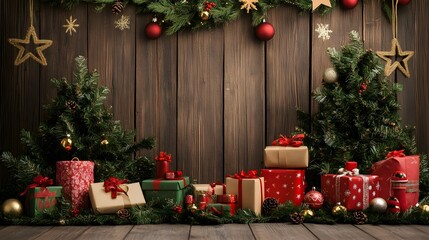 Christmas backdrop for photo studio, christmas tree, presents and toys
