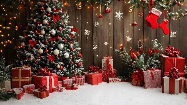 Christmas backdrop for photo studio, christmas tree, presents and toys