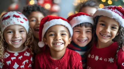 Multicultural group of happy kids at christmas 