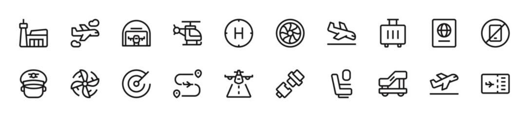 Set of Airplane icons. 20 sets of Airplane icons. Airplane icons. Simple line style Airplane icons	
