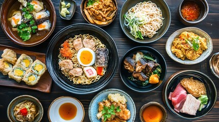A vibrant and inviting scene depicting an array of delicious Japanese food served in a cozy local restaurant. The table is adorned with an enticing selection of traditional dishes, including sushi, 