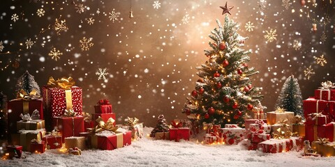 Christmas backdrop for photo studio, christmas tree, presents and toys