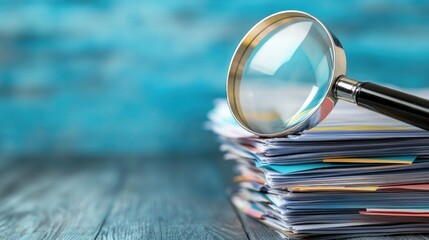 A magnifying glass over a stack of resumes, symbolizing the talent acquisition and selection process for hiring