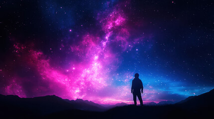 Fototapeta premium A person stands in the middle of a starry sky, looking up at the vast expanse of the universe. The sky is filled with a multitude of stars, creating a sense of wonder and awe