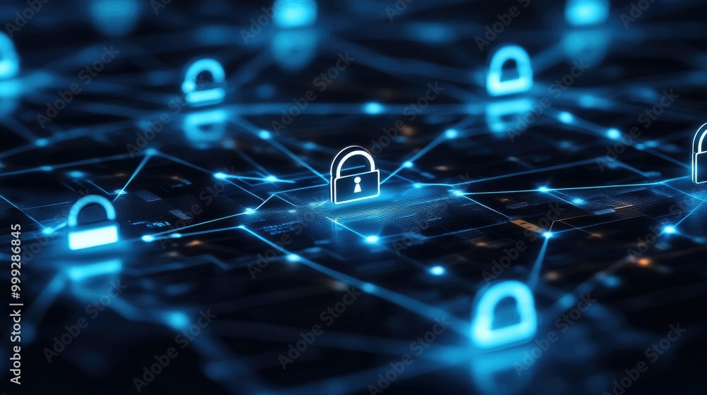 Poster a network of connected devices with endpoint security symbols, emphasizing data breach prevention.
