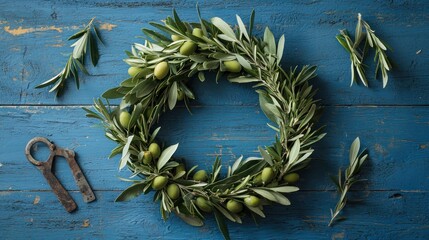 DIY olive wreath with handcrafted elements, perfect for personal decor or celebrations.