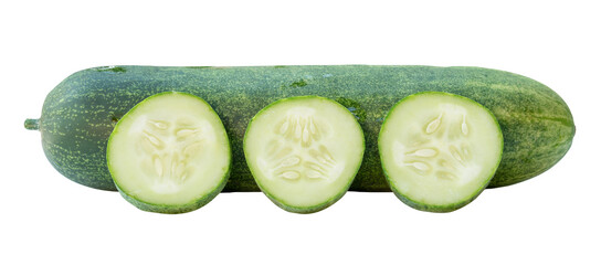 Side view of fresh green cucumber with slices in circle shape in stack isolated with clipping path in png file format
