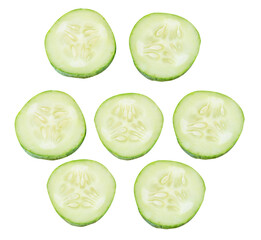 Top view set of fresh green cucumber slices in circle shape isolated with clipping path in png file format