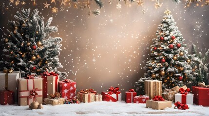 Christmas backdrop for photo studio, christmas tree, presents and toys