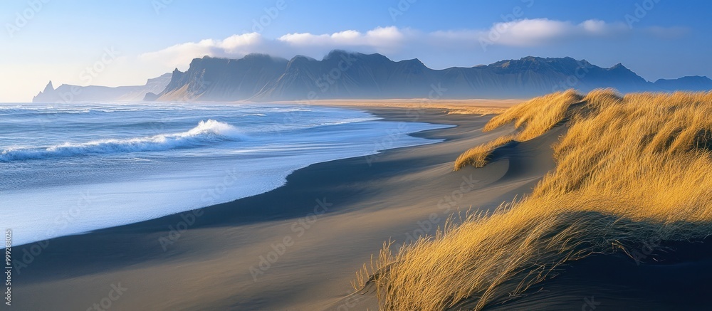 Poster A panoramic view of a black sand beach with waves rolling in and tall grass dunes in the foreground with a mountain range in the background under a blue sky with clouds.