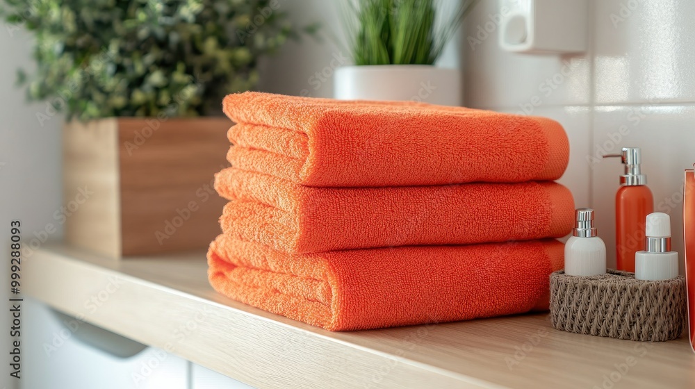 Poster a stack of neatly folded orange towels adding a bright pop of color to a bathroom shelf, creating a 
