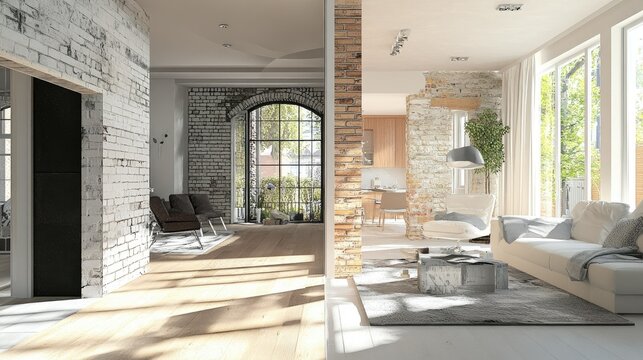 A visual representation of a home's transformation during refurbishment, from outdated to modernized interiors.