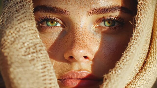 Close up of a woman's face with freckles and green eyes,  looking down, partially covered by fabric.