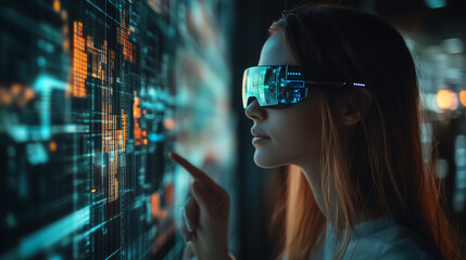 Woman wearing AR glasses at a tech conference interacting with a futuristic digital display system