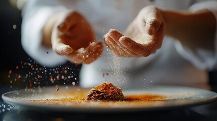Hands, food, or sprinkles on a plate for fine dining, culinary school, or fine restaurant. Chef, healthy protein or spices on plate for seasoning, catering