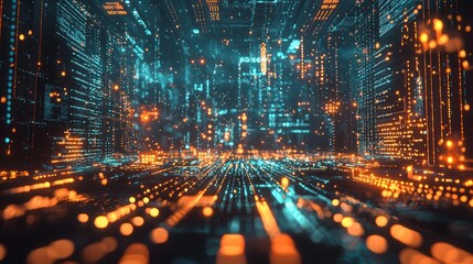 Obraz premium Quantum Dreamscape: Futuristic rendering of a surreal landscape featuring a quantum computer with luminous circuits and data points, symbolizing the convergence of technology and quantum theory.