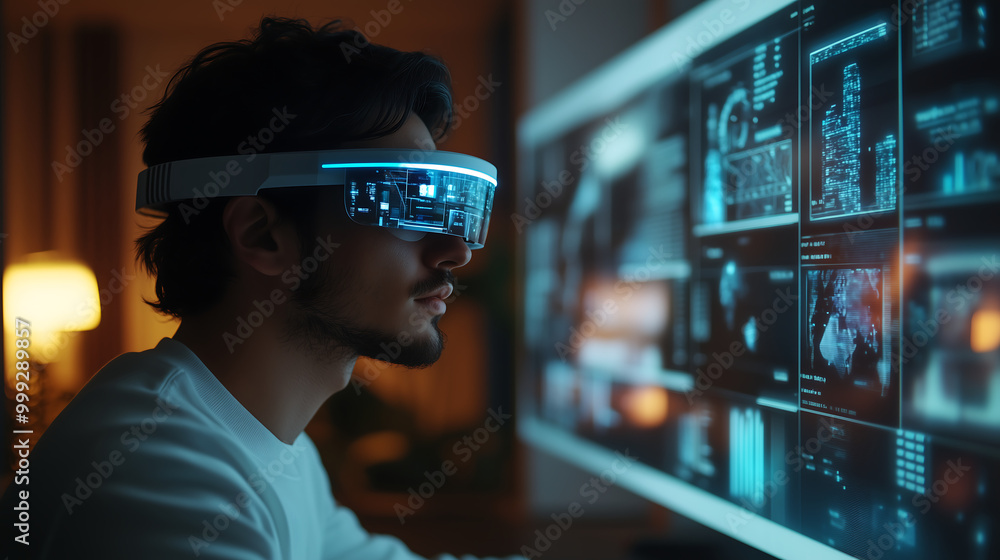 Aufkleber high tech ar glasses projecting virtual screen in front of focused user
