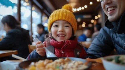 日本の春休みに家族で居心地の良いラーメンを楽しむ - カードやポスターに最適