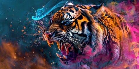 Fierce Tiger with an Explosion of Colors, Displaying Raw Power and Authority in a Striking Image.