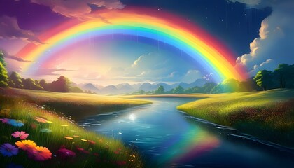 Obraz premium Rainbow Over a River and Meadow