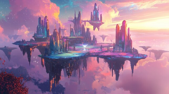 Ethereal Explorations of the Quantum Realm - Surreal Illustration of Colorful Floating Islands of Reality with Unique Properties