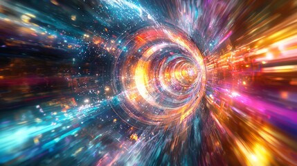 Obraz premium Energetic Collision: Abstract Visualization of a Particle Accelerator with Vibrant Beams and Light Explosions