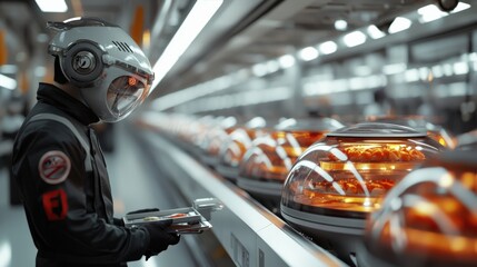 Obraz premium 日本の自動寿司レストランでの未来的な食事 - 概念的なストック写真