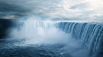 Fototapeta premium A stunning view of a majestic waterfall cascading into a misty pool, surrounded by dramatic cloud formations, creating a serene and powerful natural spectacle.