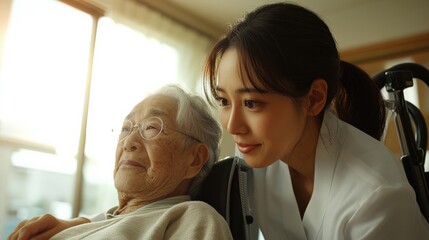 Fototapeta premium 高齢女性を支援する日本の介護士 - 思いやりのある高齢者介護のコンセプト
