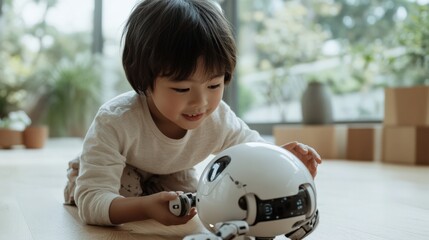 明るい春の風景の中で未来型ロボットに夢中になる日本の子供