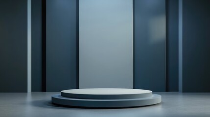 Fototapeta premium Two-Tiered Circular Platform in a Minimalist Room with Blue Walls