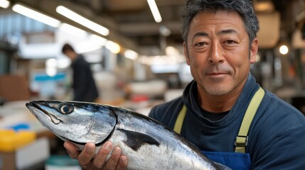 市場の日本の魚屋：新鮮な魚介類と春の伝統