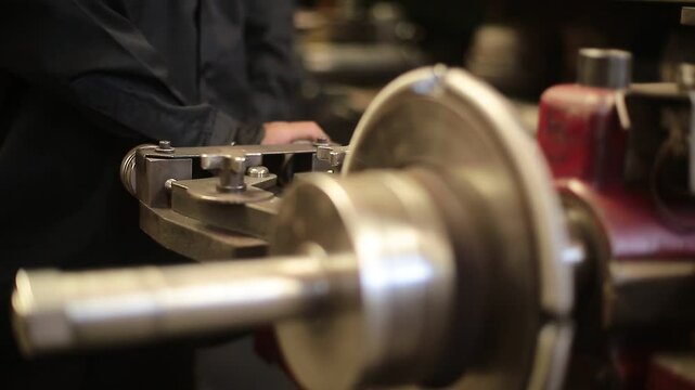 Mechanic adjusts lathe to grind brake disc
